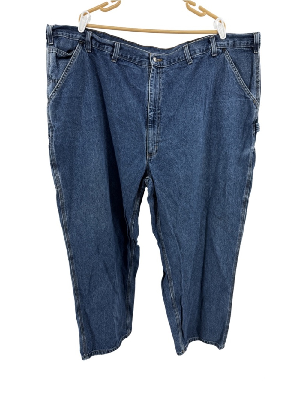 2 pair Carhartt Men’s Light Blue Denim Carpenter Jeans Tan Logo Patch 52x30 work